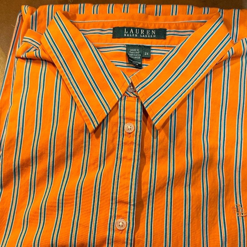Women's Ralph Lauren Classic Orange Striped Blouse in Size 2X NWOT